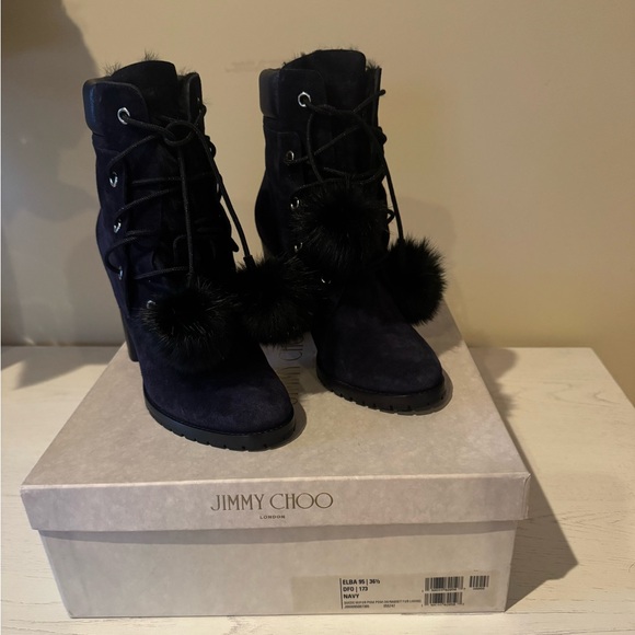 Jimmy Choo Women's Elba Pom PomNavy Lace Up Boots